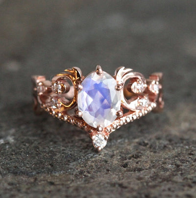 White Moonstone, Vintage Rose Gold Ring with Side Round White Diamonds