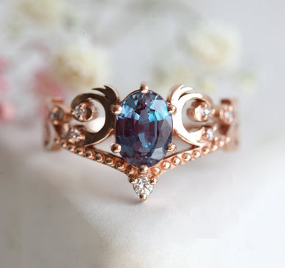 Teal Oval Alexandrite, Vintage Rose Gold Ring with Side Round White Diamonds