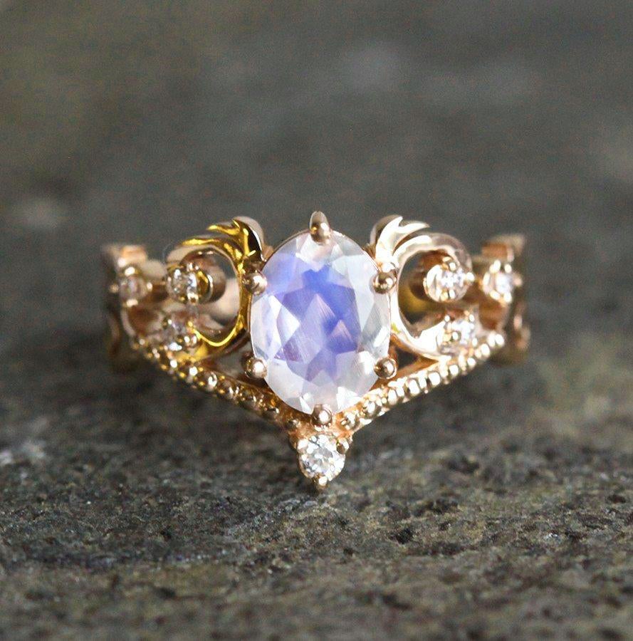 Vintage Oval Moonstone Ring Set with White Diamonds