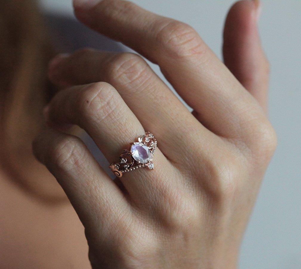 Vintage Oval Moonstone Ring Set with White Diamonds