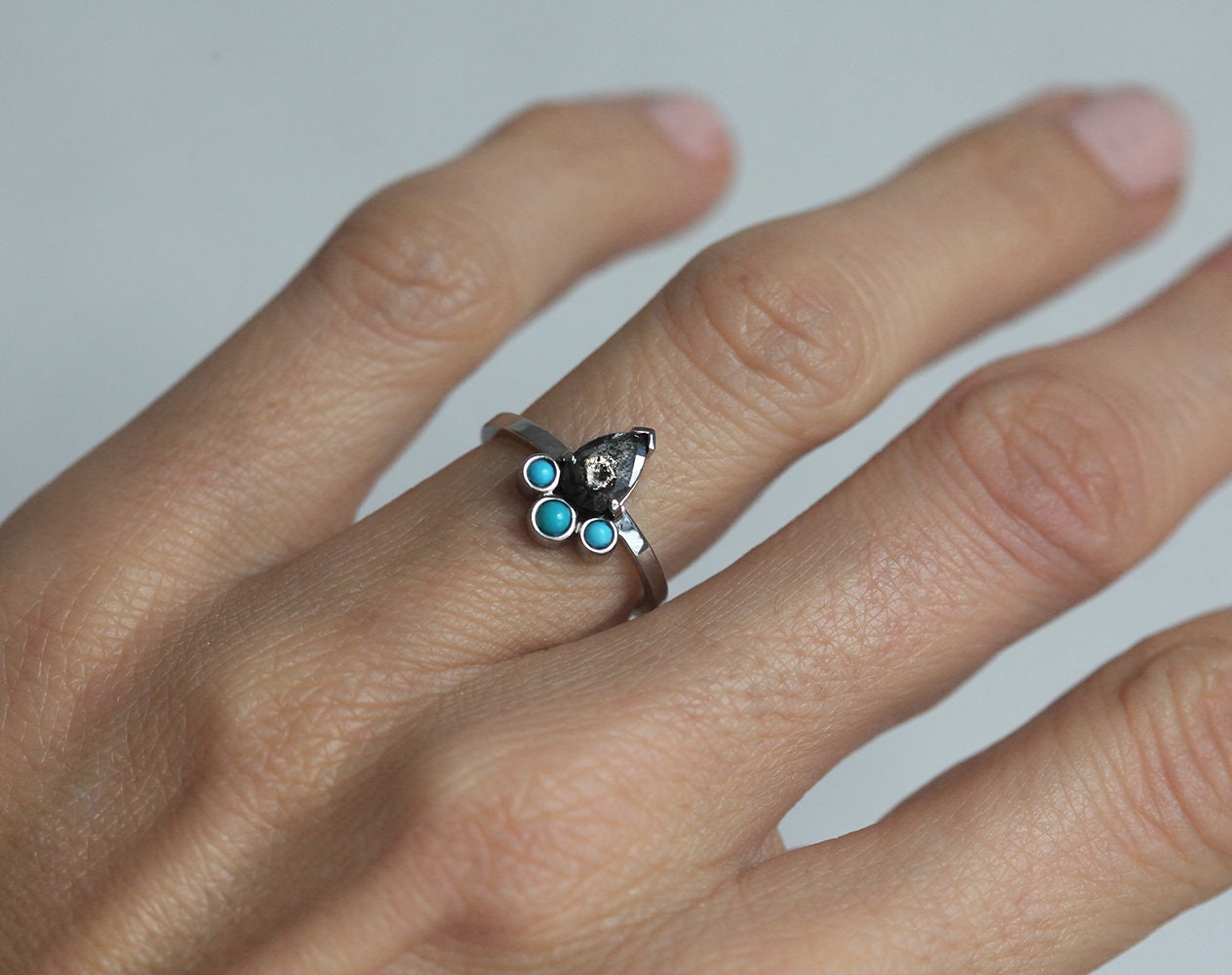 Pear Salt & Pepper Diamond Ring with 3 Side Round Turquoise Stones