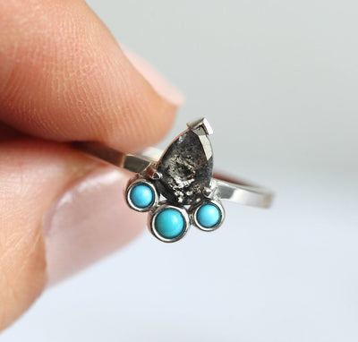 Pear Salt & Pepper Diamond Ring with 3 Side Round Turquoise Stones