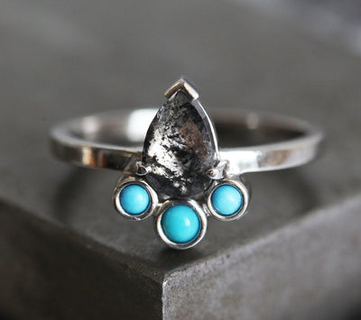 Pear Salt & Pepper Diamond Ring with 3 Side Round Turquoise Stones