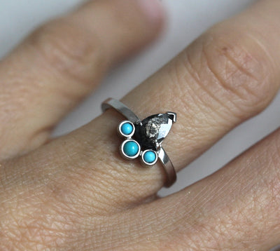 Pear Salt & Pepper Diamond Ring with 3 Side Round Turquoise Stones