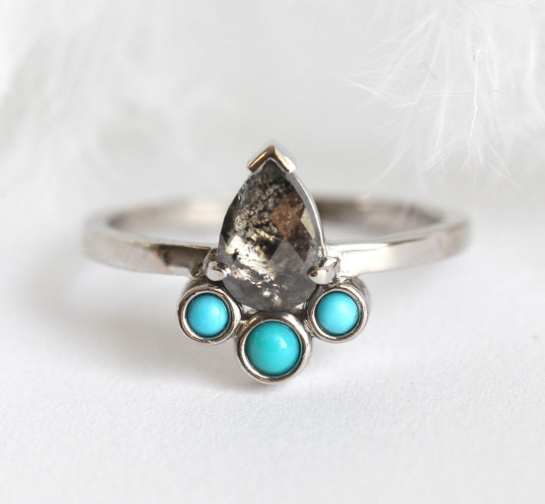 Pear Salt & Pepper Diamond Ring with 3 Side Round Turquoise Stones