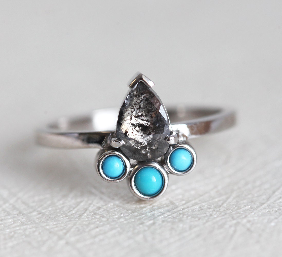 Pear Salt & Pepper Diamond Ring with 3 Side Round Turquoise Stones