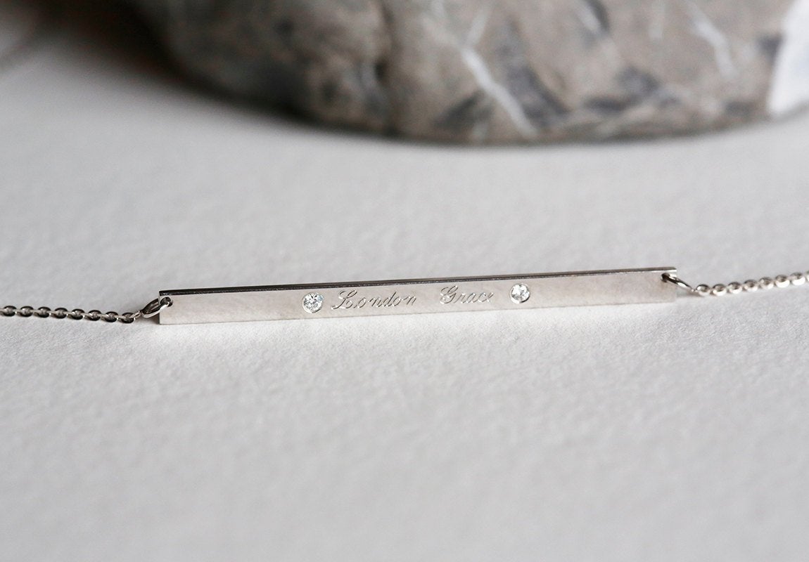 Silver personalized nameplate chain necklace with round white zirconia stones