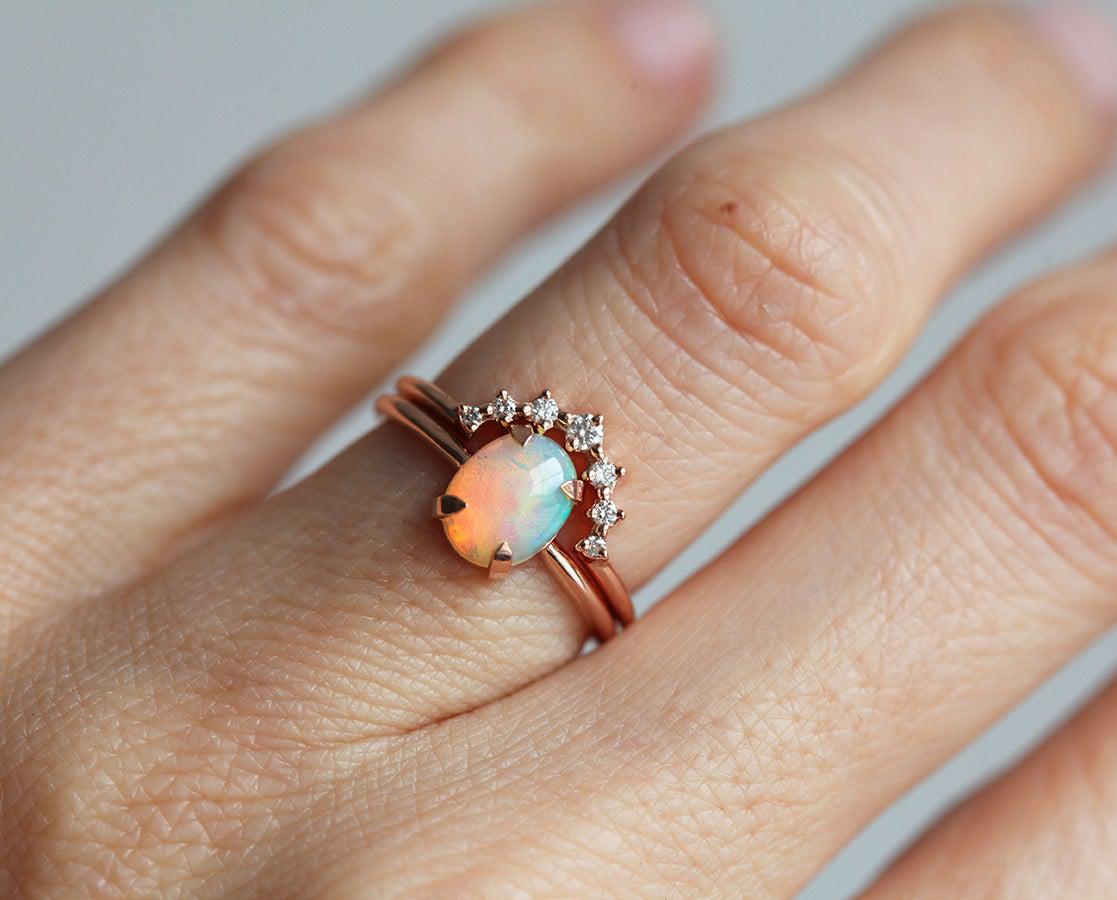 White Oval Australian Opal Ring Set with Matching Diamond Crown Band