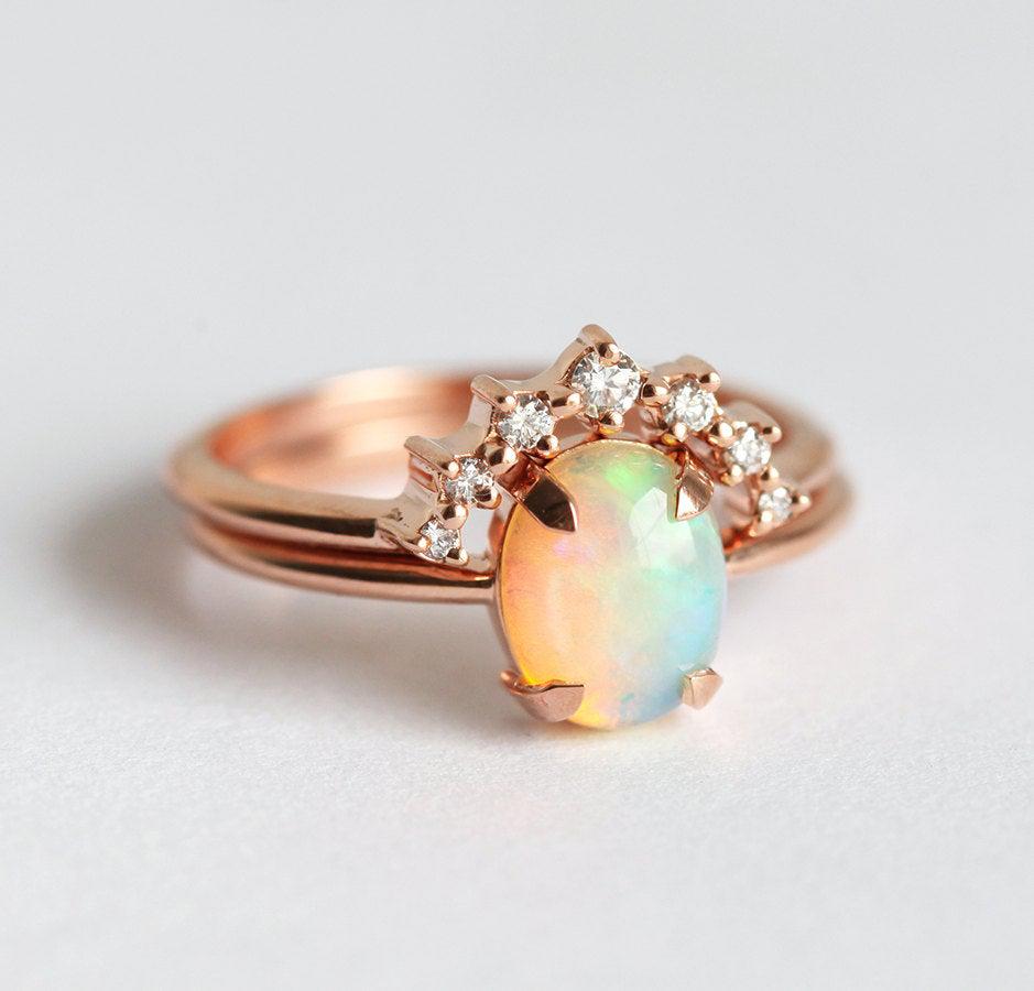 White Oval Australian Opal Ring Set with Matching Diamond Crown Band