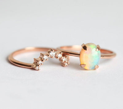 White Oval Australian Opal Ring Set with Matching Diamond Crown Band