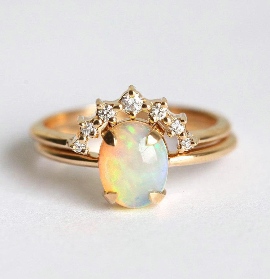 White Oval Australian Opal Ring Set with Matching Diamond Crown Band