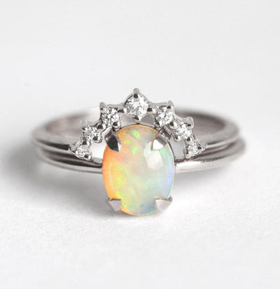 White Oval Australian Opal Ring Set with Matching Diamond Crown Band