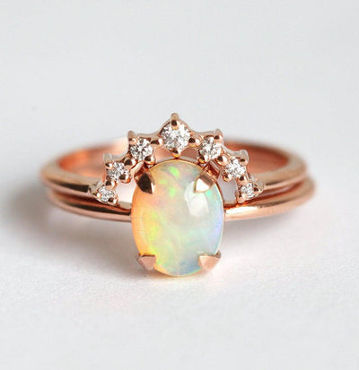 White Oval Australian Opal Ring Set with Matching Diamond Crown Band