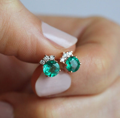 Natural Round Emerald Stud Earrings Crowned with White Round Diamonds