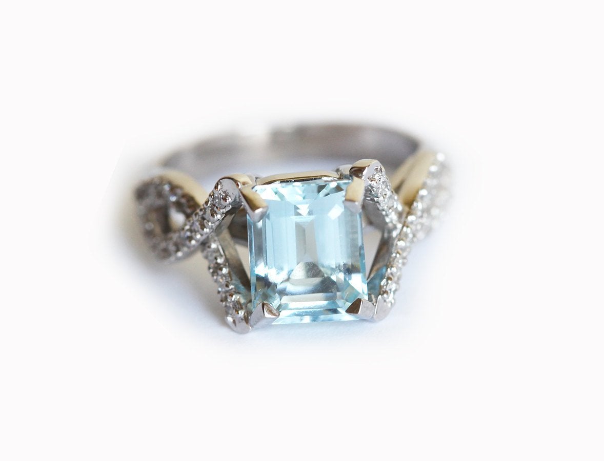 Eternity Band Emerald-Cut Aquamarine Engagement Ring with Pave Diamonds