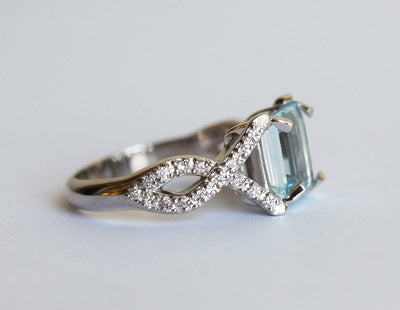 Eternity Band Emerald-Cut Aquamarine Engagement Ring with Pave Diamonds