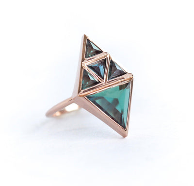 Teal Triangle Alexandrite Ring with 4 Triangle-Cut Small Alexandrites forming a Larger Triangle
