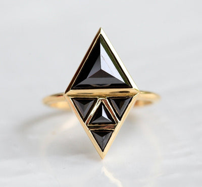 Triangle Black Diamond Ring with 4 Triangle-Cut Small Black Diamonds forming a Larger Triangle