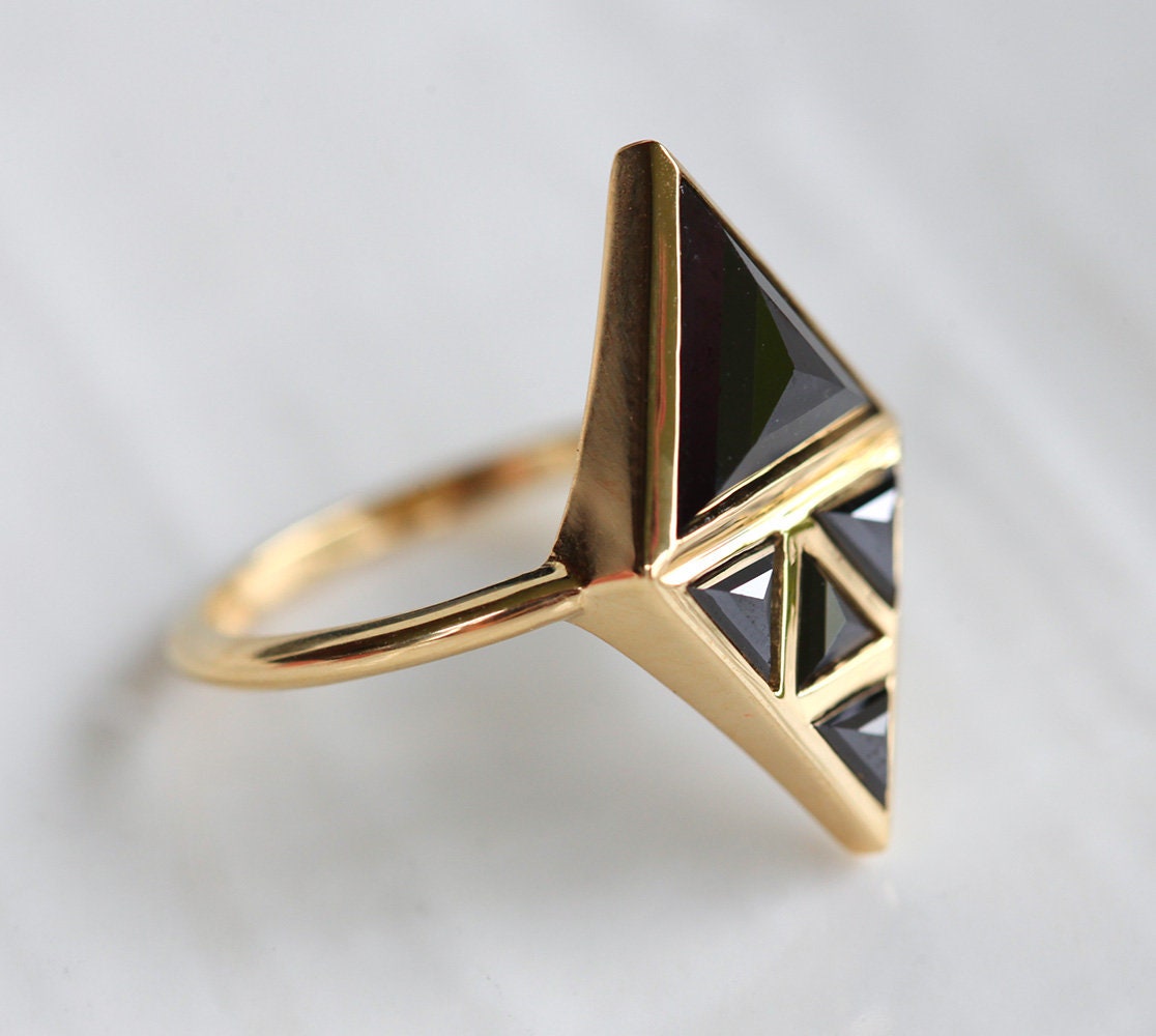 Triangle Black Diamond Ring with 4 Triangle-Cut Small Black Diamonds forming a Larger Triangle