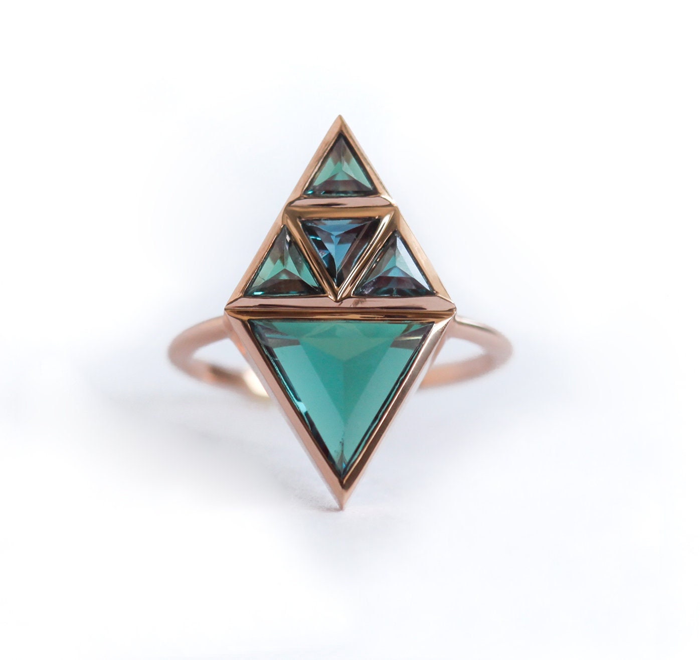 Teal Triangle Alexandrite Ring with 4 Triangle-Cut Small Alexandrites forming a Larger Triangle