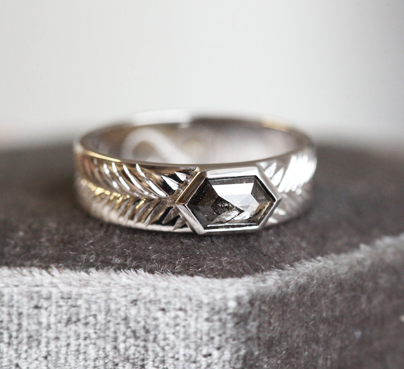 Gray Hexagon Unisex Salt & Pepper Diamond Ring with Stone Set Into The Band
