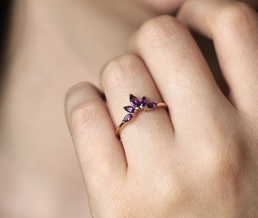 Purple Marquise Cut Amethyst Flower Crown Ring