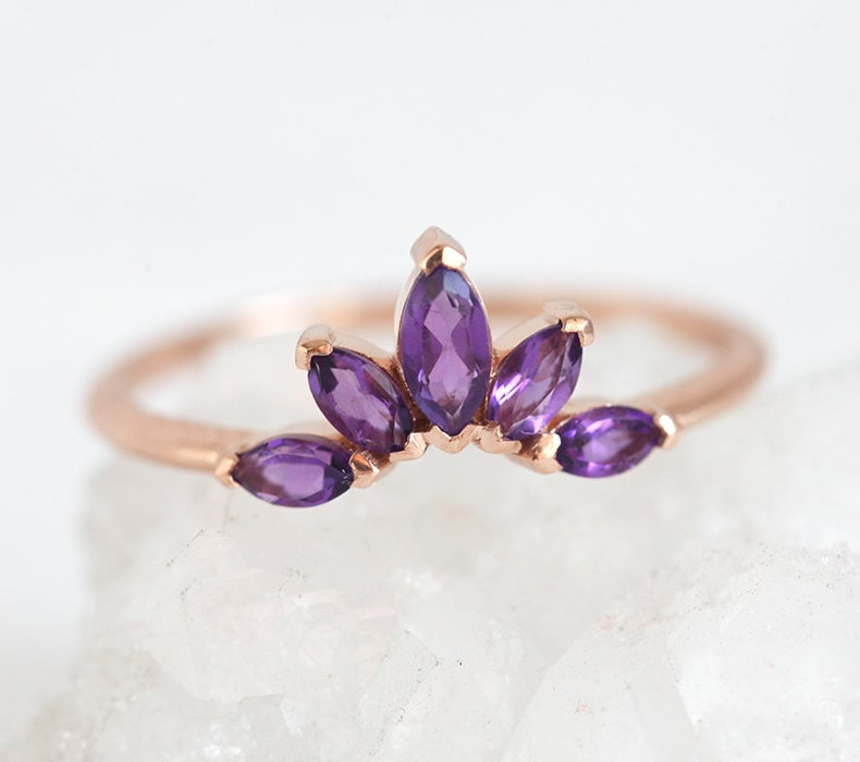 Purple Marquise Cut Amethyst Flower Crown Ring