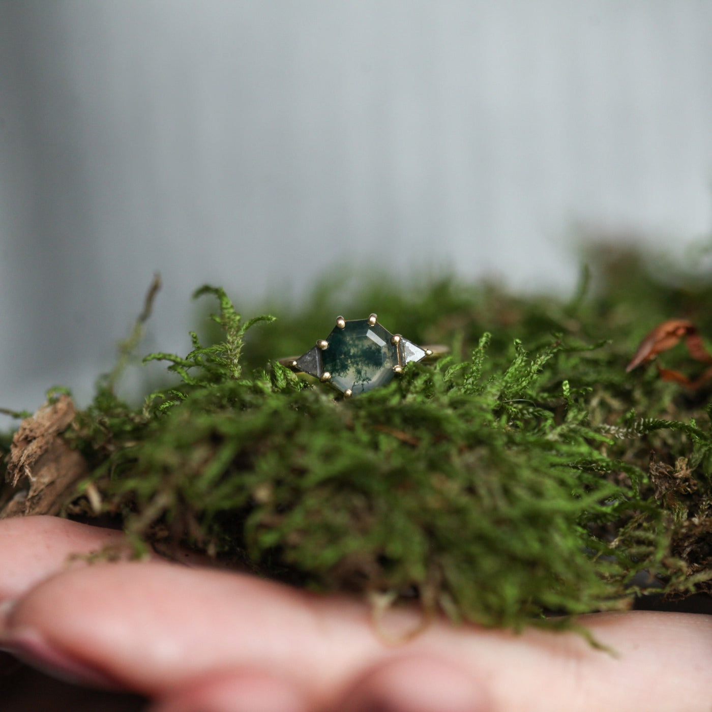 Octagon Moss Agate Ring with Accent Salt & Pepper Diamonds on a Mossy Field