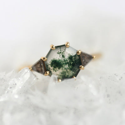 Octagon Moss Agate Ring with Accent Salt & Pepper Diamonds