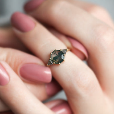 Octagon Moss Agate Ring with Accent Salt & Pepper Diamonds