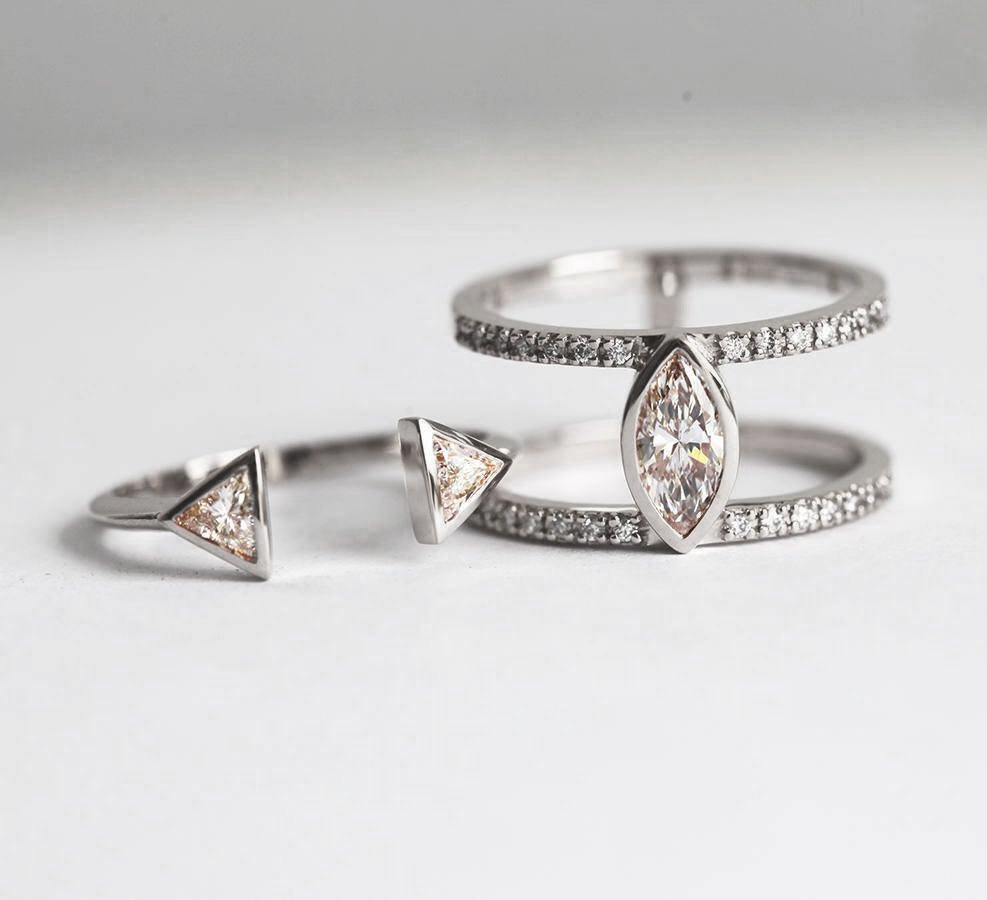 Olga Diamond Engagement Ring Set, Triangle Open Wedding Ring Set-Capucinne