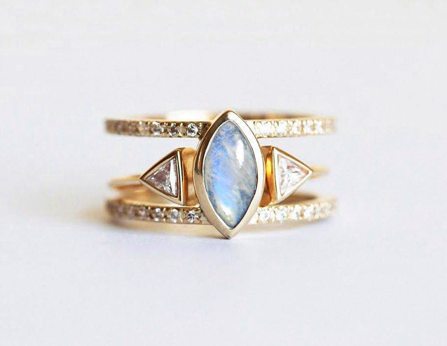 Marquise Cut Moonstone Wedding Ring Set with Trillion Cut and Round White Diamonds