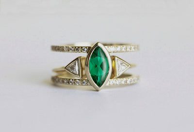 Marquise-cut green sapphire open band engagement ring with side diamonds