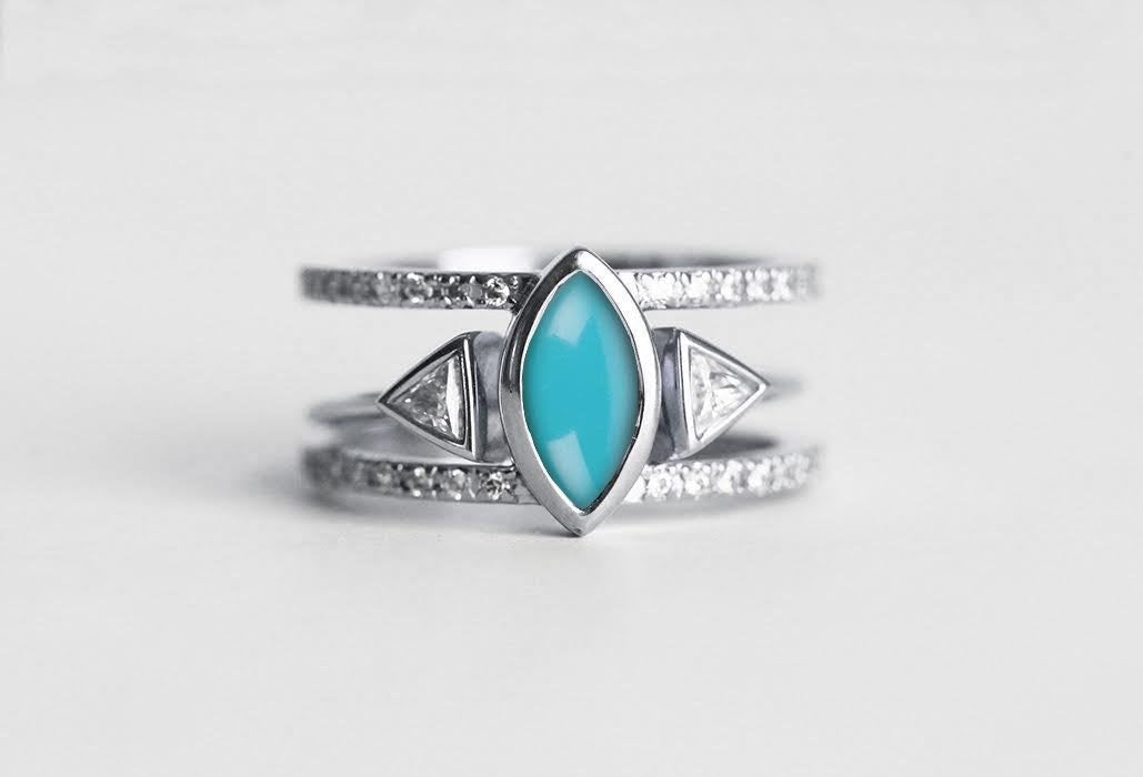 Marquise Cut Turquoise Open Band Engagement Ring Set with Triangle Cut and Round White Diamonds