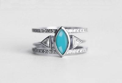 Marquise Cut Turquoise Open Band Engagement Ring Set with Triangle Cut and Round White Diamonds