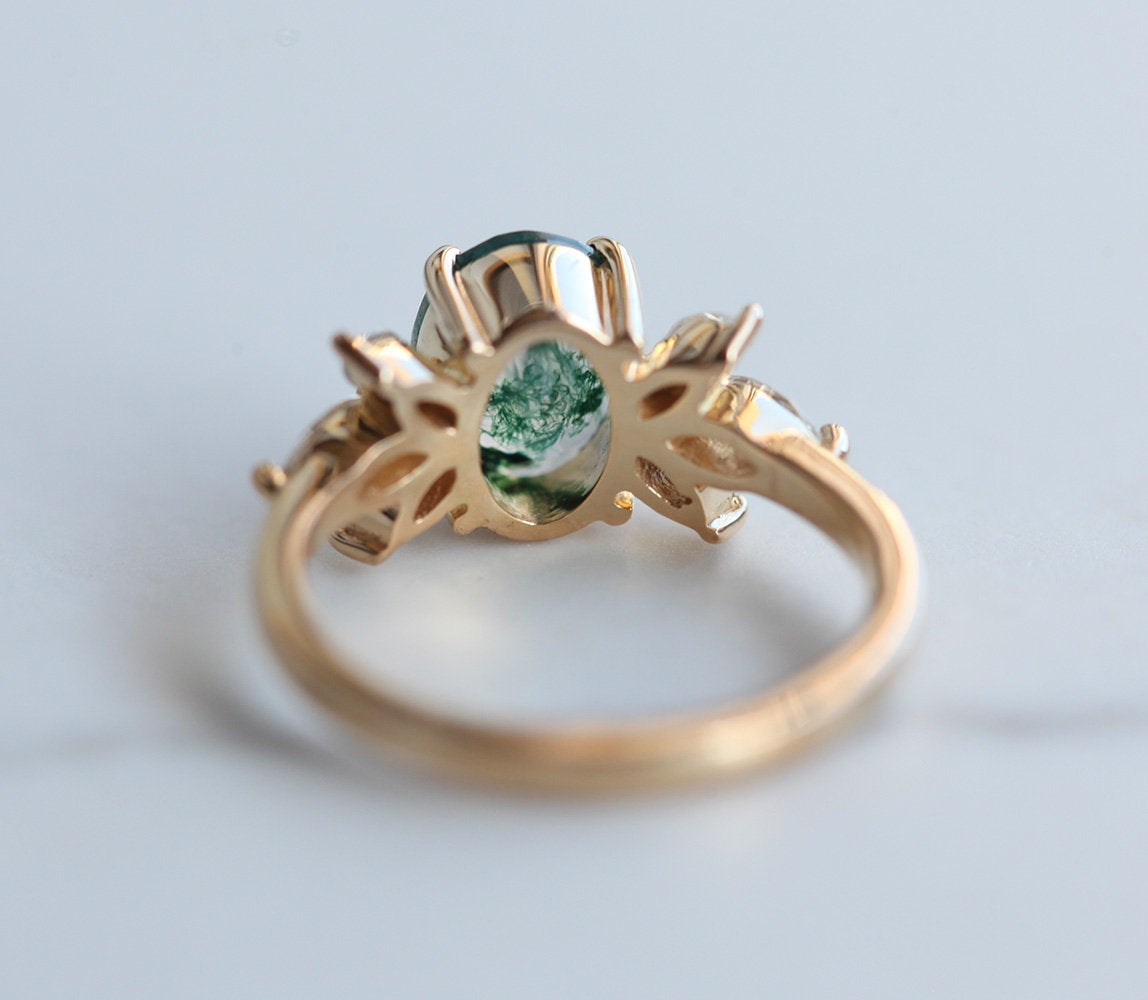 Oval Moss Agate Ring with Side Marquise-Cut Moissanite Stones