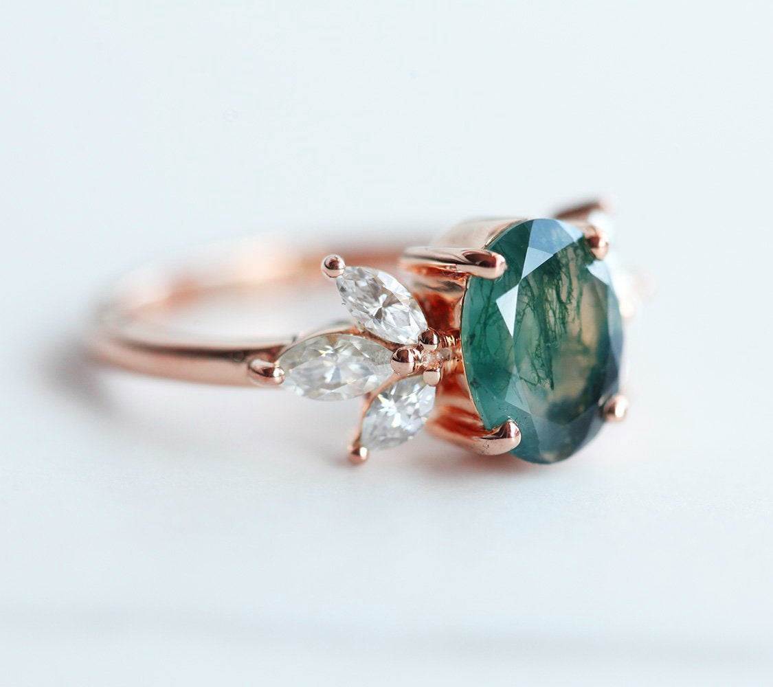 Oval Moss Agate, Rose Gold Ring with Side Marquise-Cut Moissanite Stones