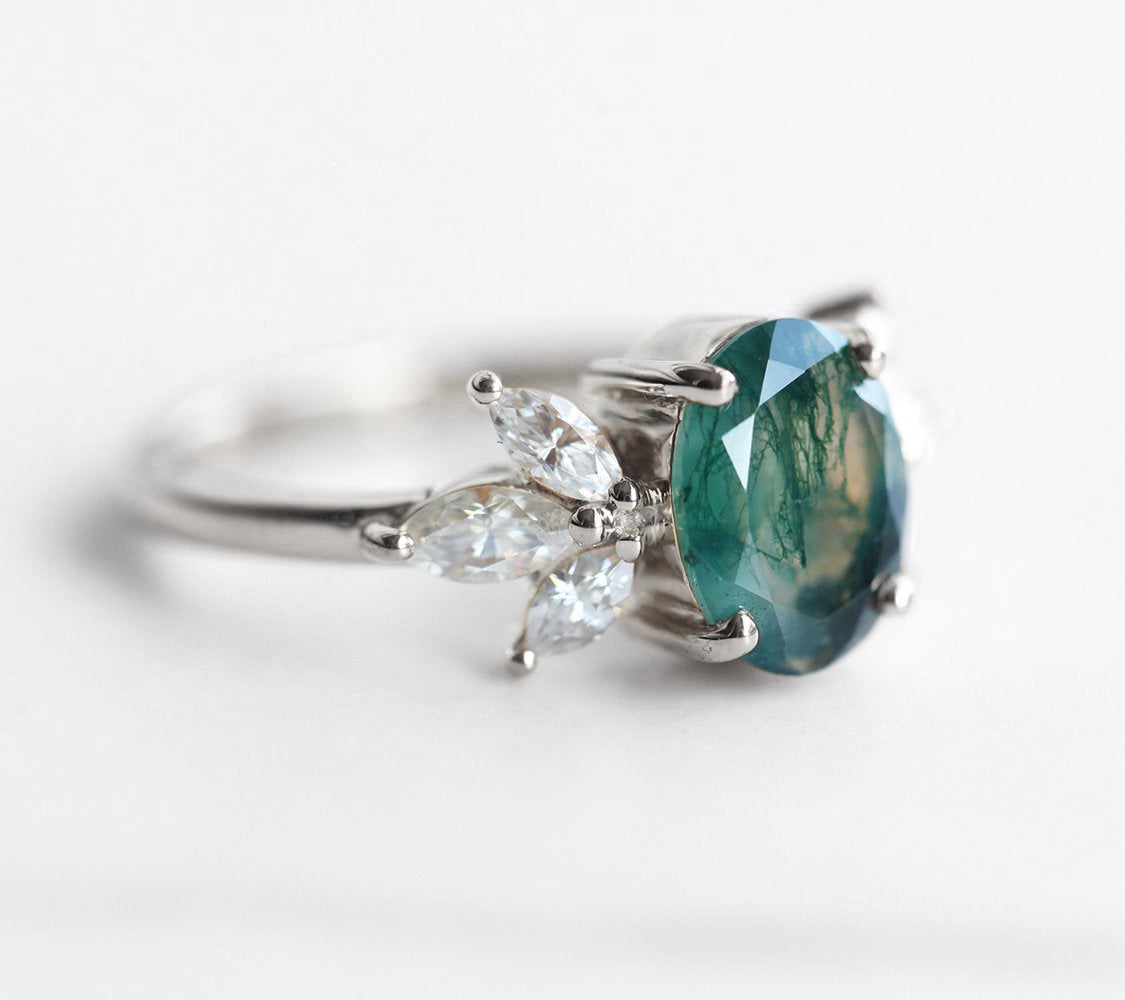 Oval Moss Agate, Platinum Ring with Side Marquise-Cut Moissanite Stones