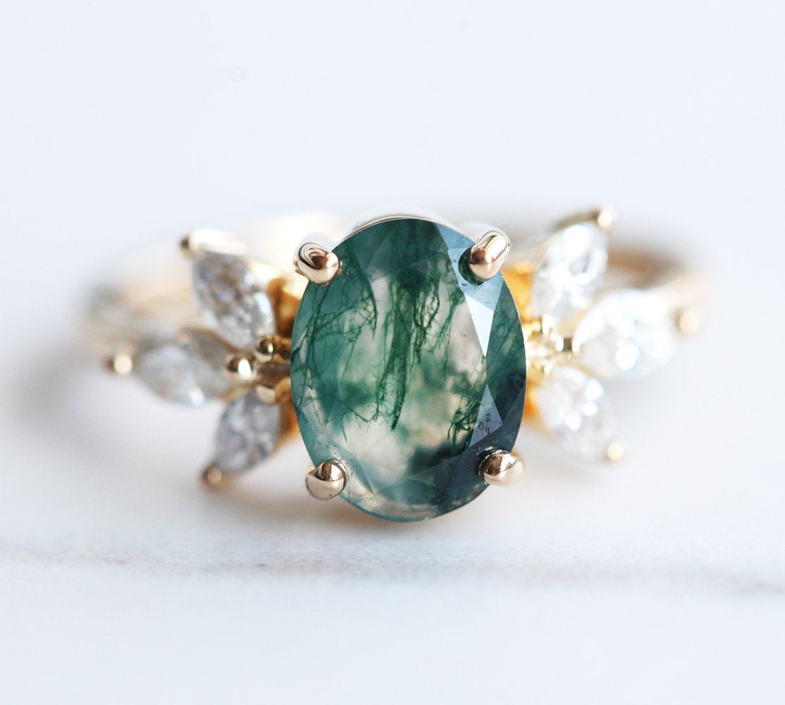 Oval Moss Agate Ring with Side Marquise-Cut Moissanite Stones