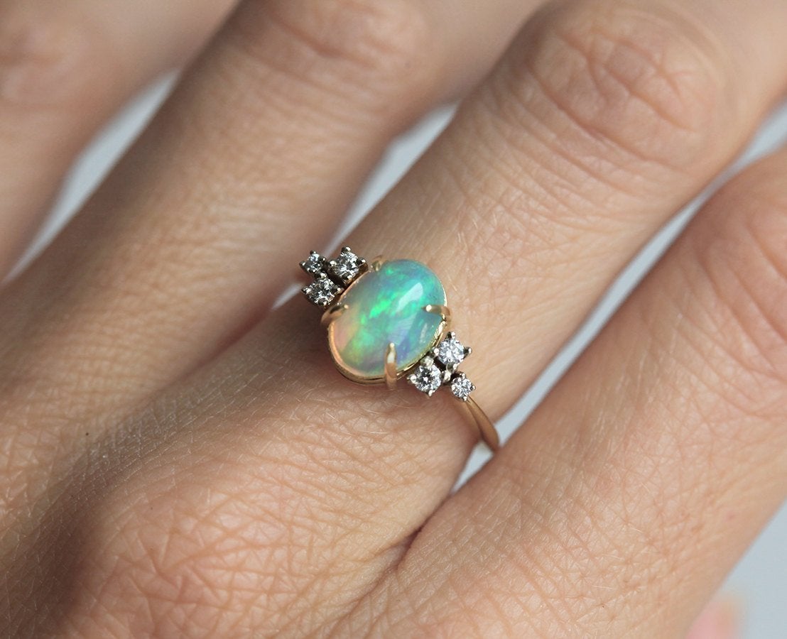 Cabochon Rainbow Oval Opal Wedding Ring with Side White Round Diamonds