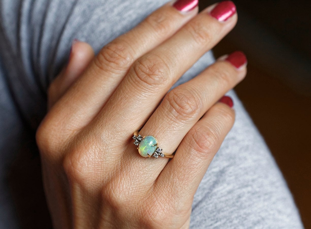 Cabochon Rainbow Oval Opal Wedding Ring with Side White Round Diamonds