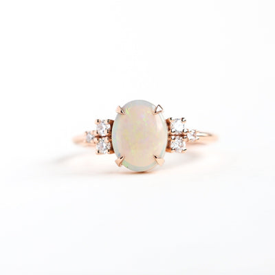 Cabochon Rainbow Oval Opal Wedding Ring with Side White Round Diamonds