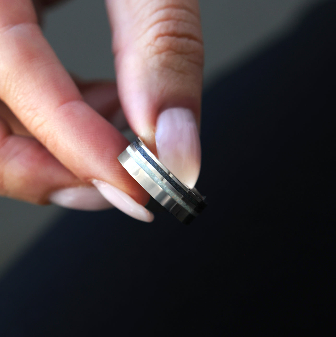 Onyx and White Opal Double Inlay Band Rings