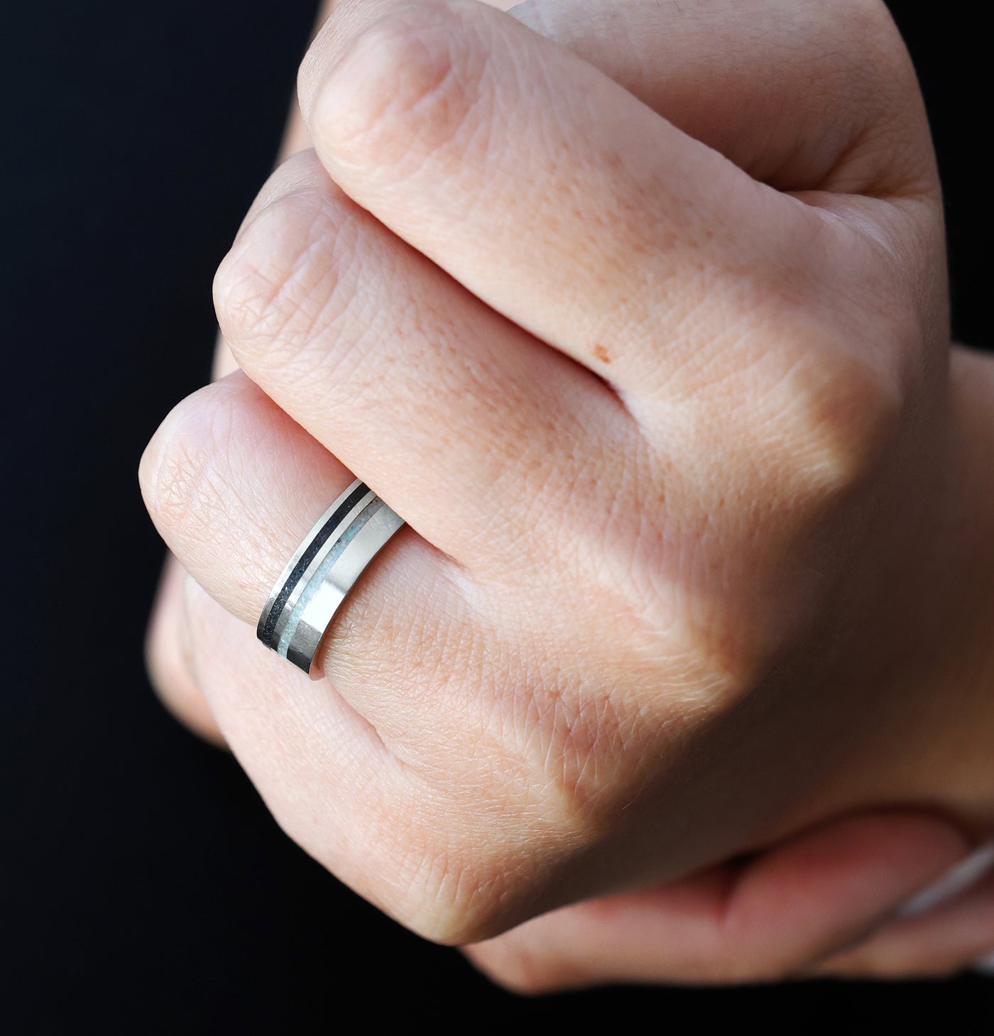 Onyx and White Opal Double Inlay Band Rings