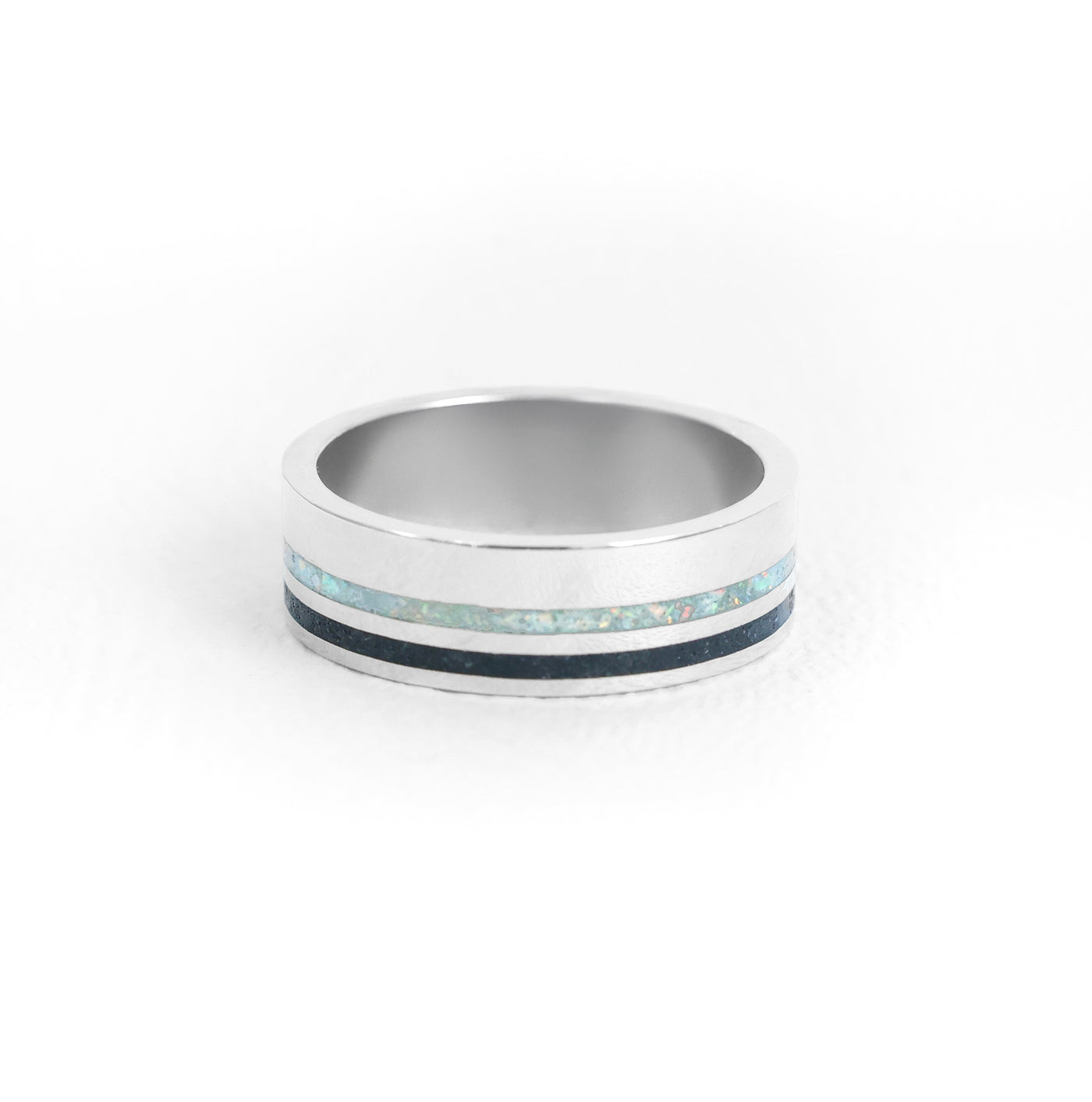 Onyx and White Opal Double Inlay Band Rings