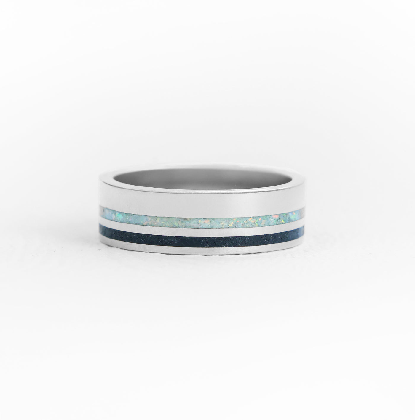 Onyx and White Opal Double Inlay Band Rings