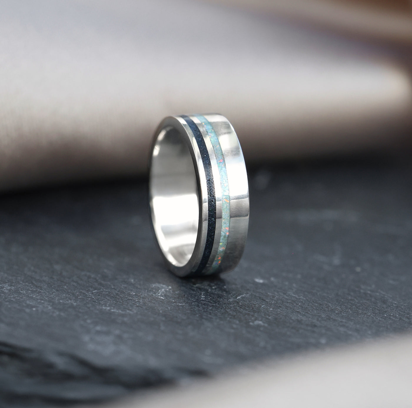 Onyx and White Opal Double Inlay Band Rings
