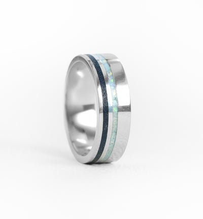 Onyx and White Opal Double Inlay Band Rings