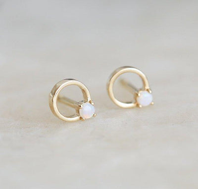 Round white opal stud gold earrings