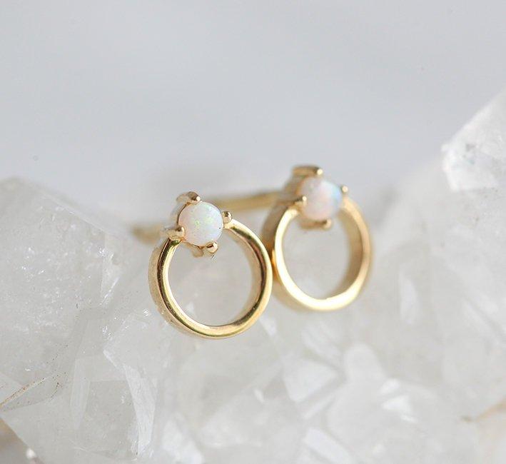 Round white opal stud gold earrings